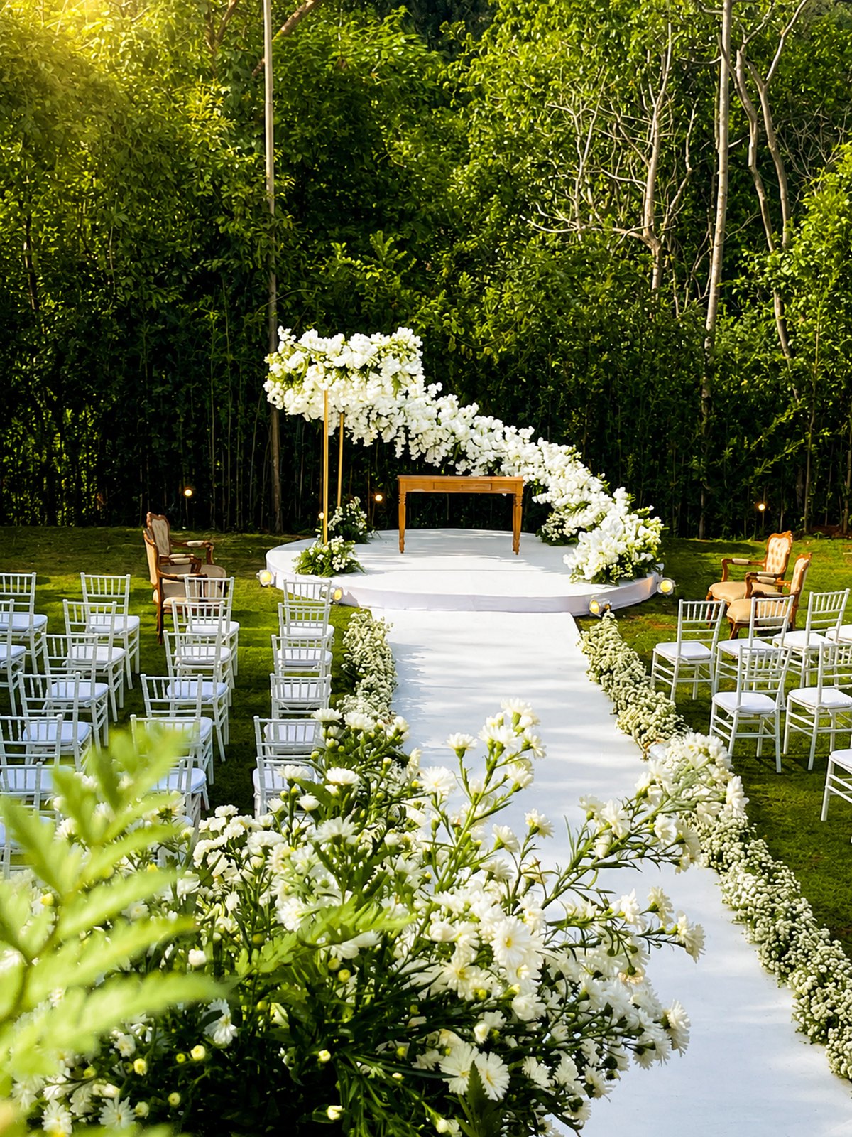 Cerimônia de casamento ao ar livre decorada pela Wall Art Festas, com arco de flores brancas e tapete florido